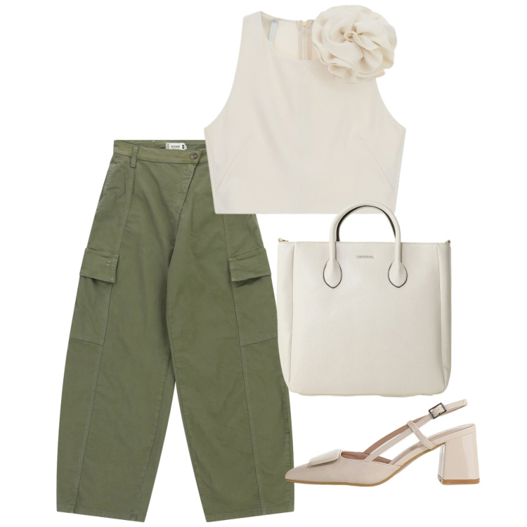 Outfit donna - Giugno. Stile Chic per Tutti i giorni. Abbinamento con canottiere, borse a tracolla, décolleté, pantaloni cargo.