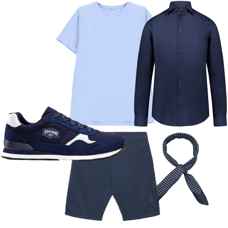 Outfit uomo - La freschezza del blu. Stile Casual per Tutti i giorni. Abbinamento con sneakers, pantaloni corti, camicie, sciarpe e foulard, t-shirt.