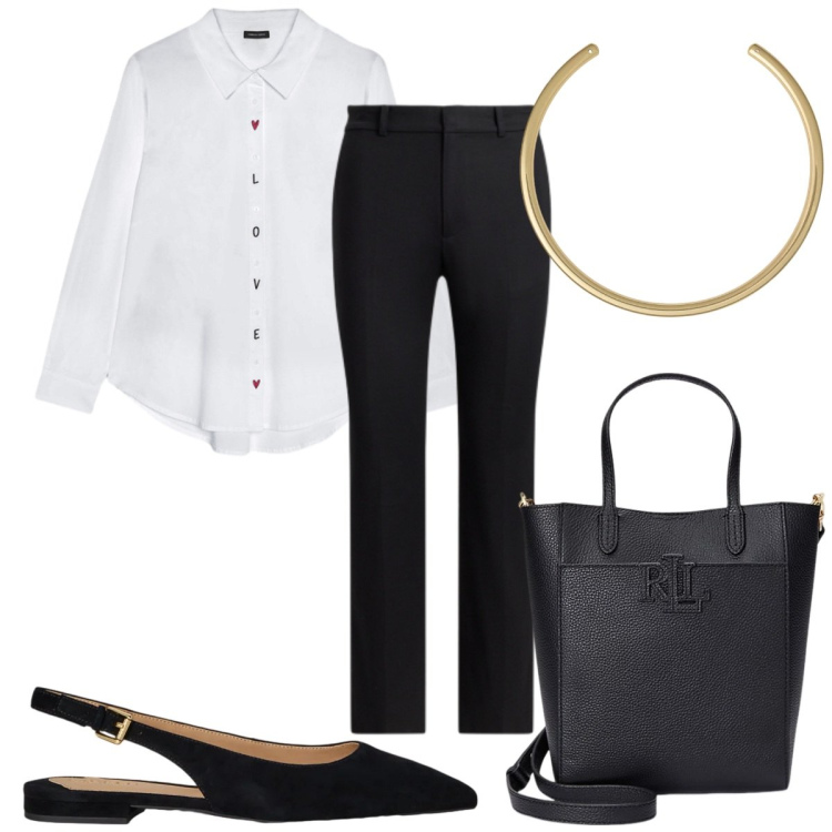 Outfit donna - Total look #2423798. Stile Mannish per Ufficio. Abbinamento con camicie, borse tote, ballerine, pantaloni, collane.