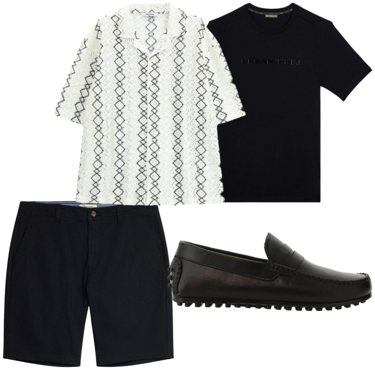 Outfit uomo - Disinvolto. Stile Casual per Tutti i giorni. Abbinamento con bermuda, t-shirt, scarpe stringate, camicie a manica corta.