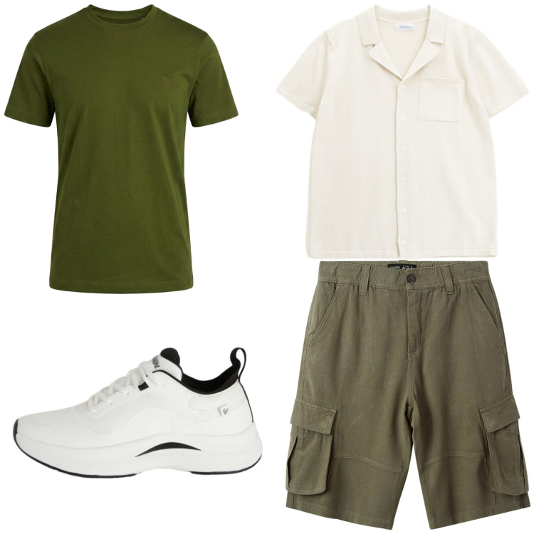 Outfit uomo - Bermuda cargo. Stile Trendy per Tutti i giorni. Abbinamento con t-shirt, bermuda, sneakers, camicie a manica corta.