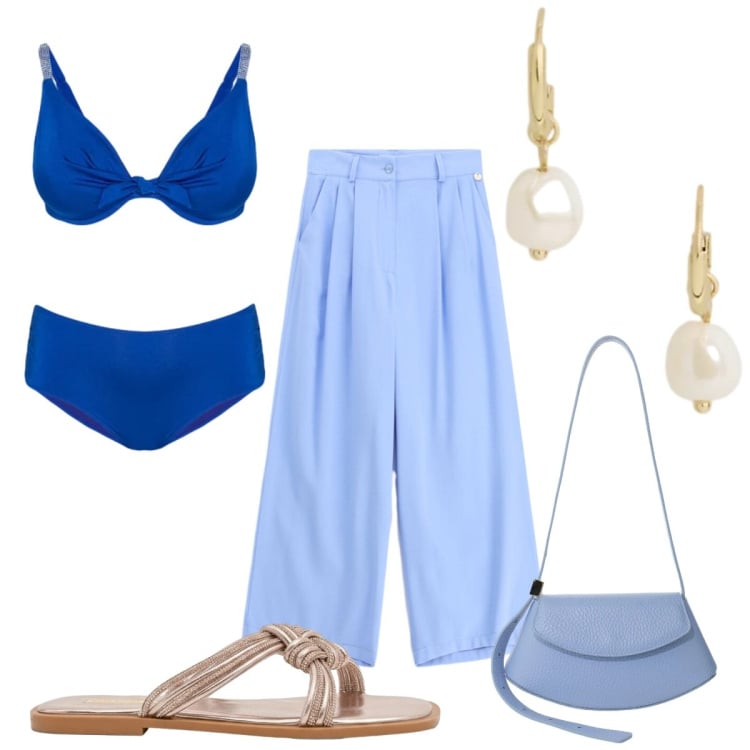 Outfit donna - Total look #2423805. Stile Minimal per Mare. Abbinamento con pantaloni a palazzo, borse a spalla, sandali, bikini, orecchini.