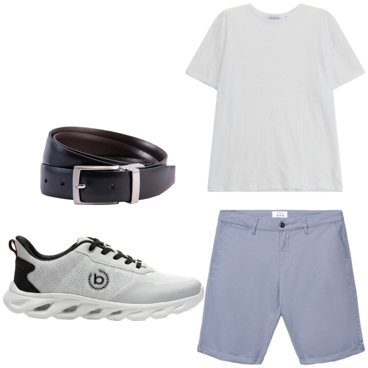 Outfit uomo - Estate glamour. Stile Trendy per Tutti i giorni. Abbinamento con sneakers, shorts, cinture, t-shirt.