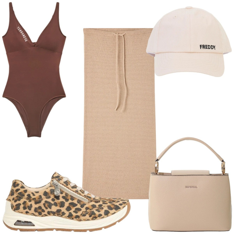 Outfit donna - Total look #2423808. Stile Basic per Mare. Abbinamento con sneakers, gonne lunghe, costumi interi, borse a secchiello, cappelli con visiera.
