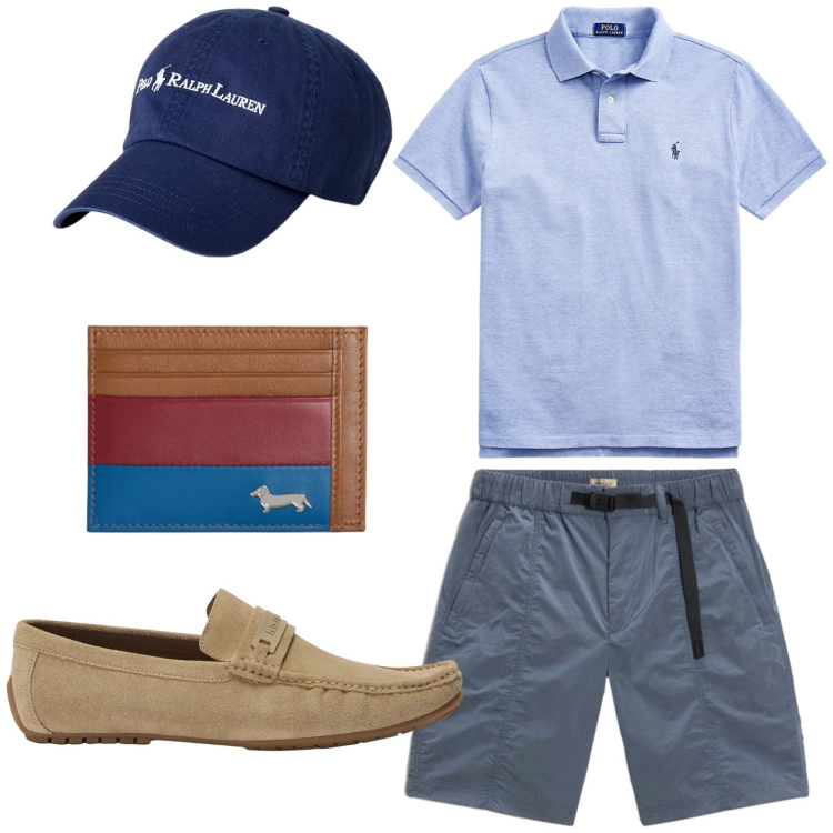 Outfit uomo - Tessuti morbidi. Stile Casual per Tutti i giorni. Abbinamento con portafogli, scarpe stringate, polo, cappelli, pantaloni corti.