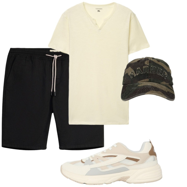 Outfit uomo - Total look #2423812. Stile Casual per Sport. Abbinamento con bermuda, sneakers, t-shirt, cappelli con visiera.