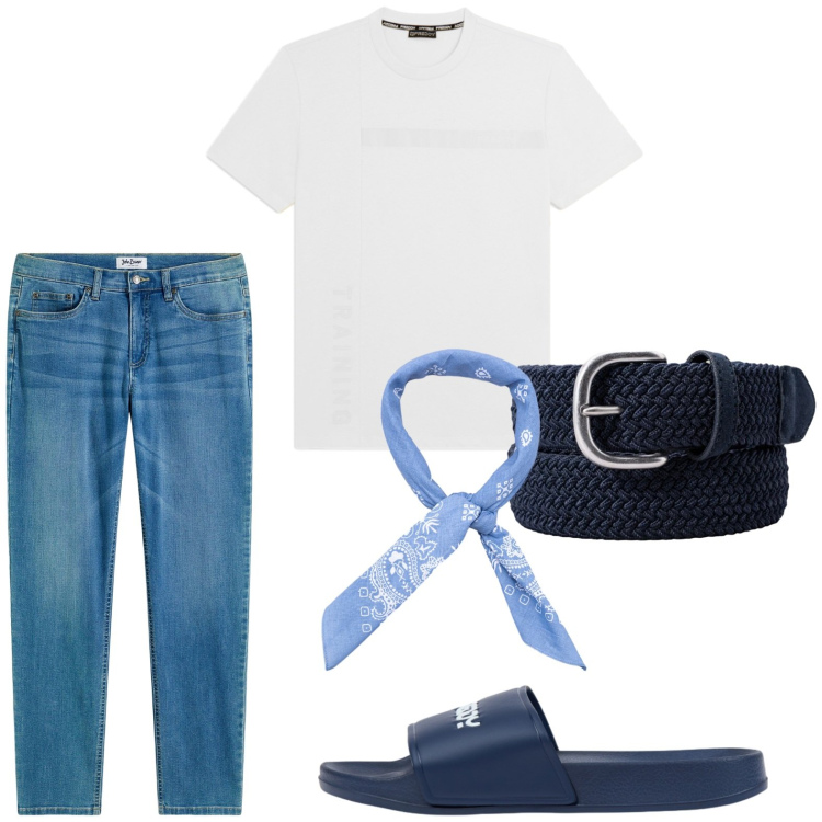 Outfit uomo - Jeans lovers. Stile Casual per Tutti i giorni. Abbinamento con jeans, t-shirt, sandali, sciarpe e foulard, cinture.