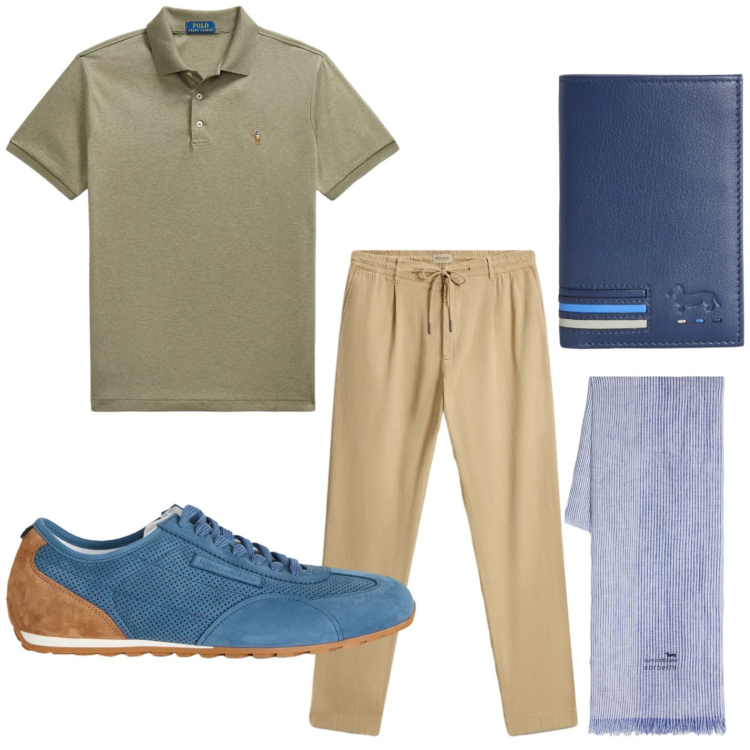 Outfit uomo - Minimal essenziale. Stile Casual per Tutti i giorni. Abbinamento con portafogli, sciarpe, sneakers, pantaloni, polo.