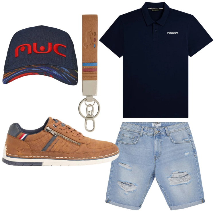 Outfit uomo - Stile urban. Stile Urban per Tutti i giorni. Abbinamento con sneakers, portachiavi, bermuda, cappelli con visiera, polo.