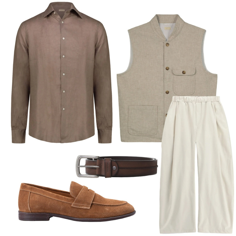 Outfit uomo - Eleganza naturale. Stile Trendy per Ufficio. Abbinamento con scarpe stringate, gilet, camicie, pantaloni, cinture.