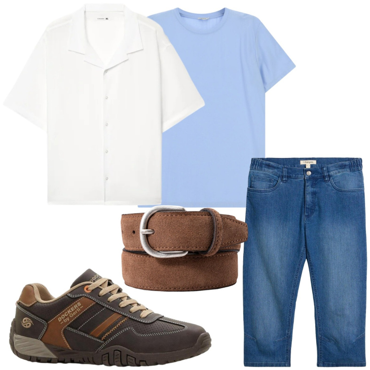 Outfit uomo - Sovrapposizioni. Stile Casual per Tutti i giorni. Abbinamento con sneakers, jeans slim fit, camicie a manica corta, cinture, t-shirt.