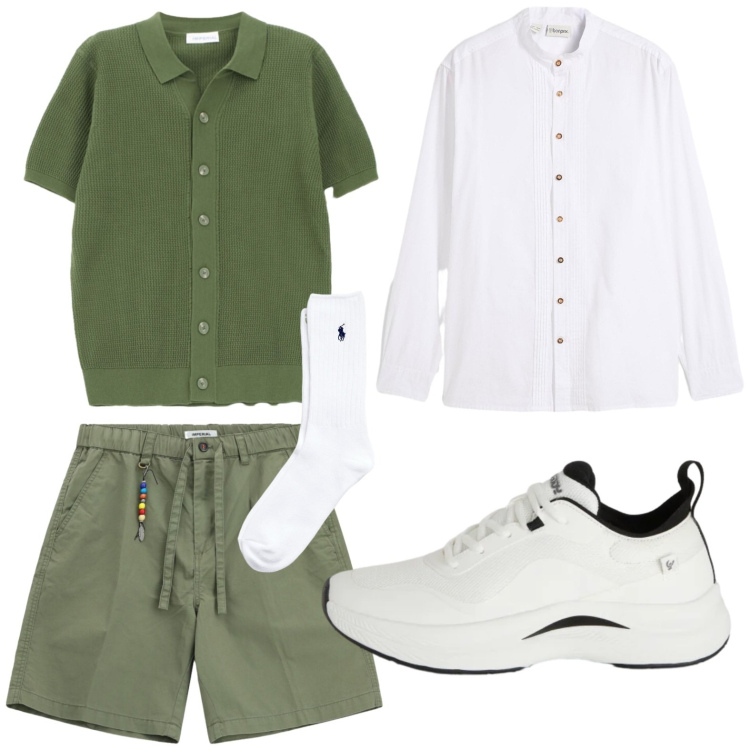 Outfit uomo - Look quotidiano. Stile Casual per Tutti i giorni. Abbinamento con camicie, sneakers, calzini, bermuda, cardigans.