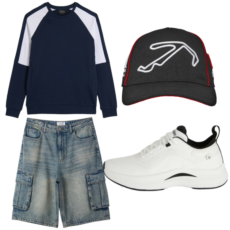 Outfit uomo - Giornate fresche. Stile Trendy per Tutti i giorni. Abbinamento con pantaloni corti, cappelli con visiera, sneakers, felpe.