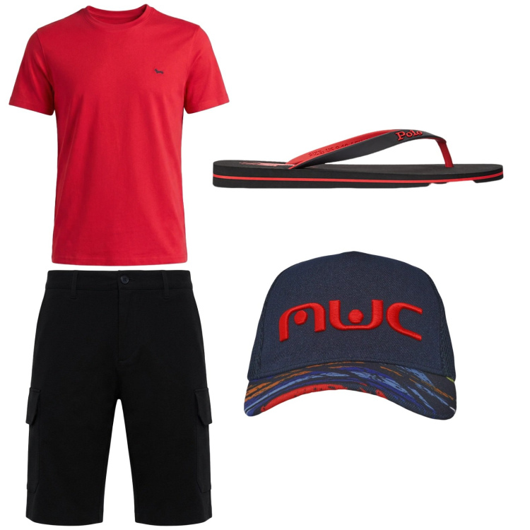 Outfit uomo - Easy. Stile Casual per Tutti i giorni. Abbinamento con t-shirt, cappelli con visiera, pantaloni corti, sandali.