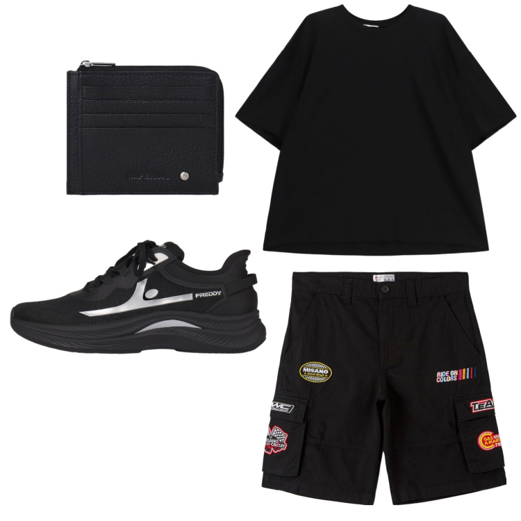 Outfit uomo - Nero profondo. Stile Casual per Tutti i giorni. Abbinamento con bermuda, sneakers, t-shirt, portafogli.