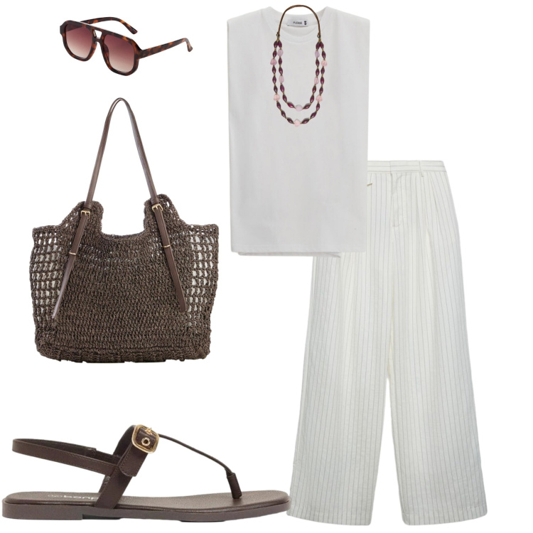 Outfit donna - Bianco estivo. Stile Casual chic per Ufficio. Abbinamento con occhiali da sole, shopping bag, sandali, pantaloni, top, collane.