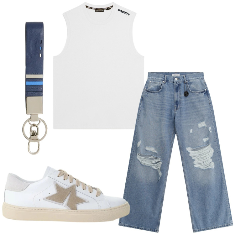 Outfit uomo - Estetica essenziale. Stile Casual per Tutti i giorni. Abbinamento con portachiavi, canottiere, jeans strappati, sneakers.