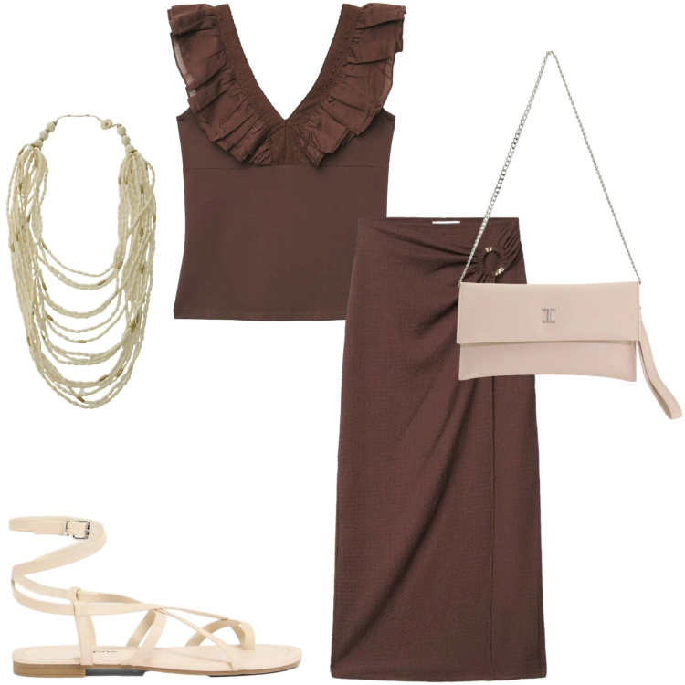 Outfit donna - Aperitivo con gli amici. Stile Casual chic per Serata fuori. Abbinamento con sandali, gonne lunghe, top, collane, borse a tracolla.