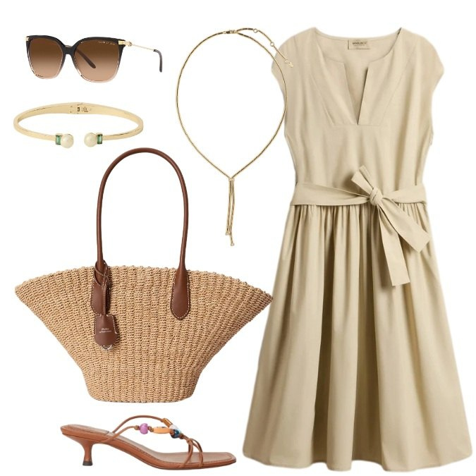 Outfit donna - Shopping. Stile Romantica per Tutti i giorni. Abbinamento con vestiti corti, occhiali da sole, borse tote, sandali gioiello, collane, braccialetti.