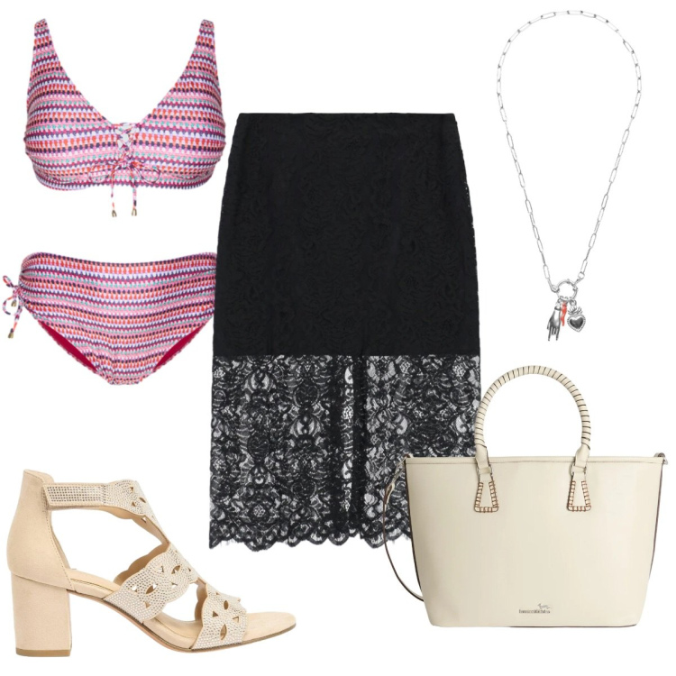 Outfit donna - Total look #2423839. Stile Trendy per Mare. Abbinamento con sandali col tacco, shopping bag, gonne longuette, ciondoli, bikini.