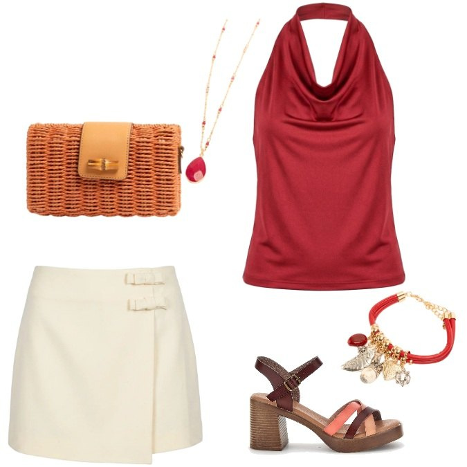Outfit donna - Total look #2423840. Stile Urban per Tutti i giorni. Abbinamento con borse a tracolla, collane, braccialetti con ciondoli, minigonne, top, sandali col tacco.