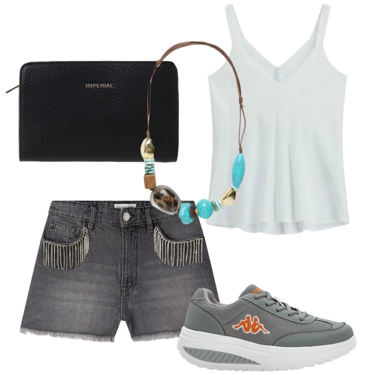Outfit donna - Total look #2423841. Stile Urban per Tutti i giorni. Abbinamento con sneakers, shorts, borse a tracolla, top, collane.
