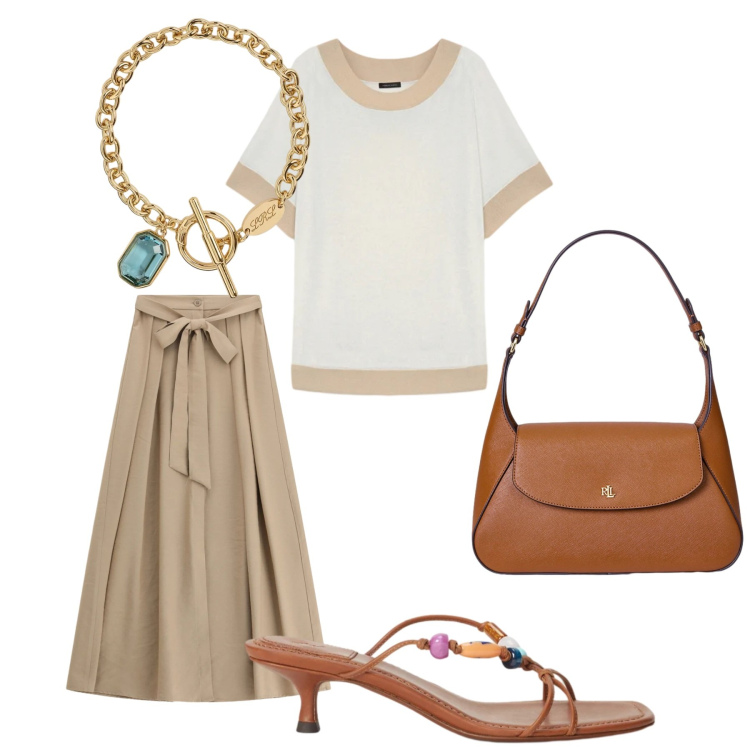 Outfit donna - Total look #2423842. Stile Glamour per Ufficio. Abbinamento con gonne lunghe, t-shirt, sandali gioiello, borse a spalla, braccialetti.