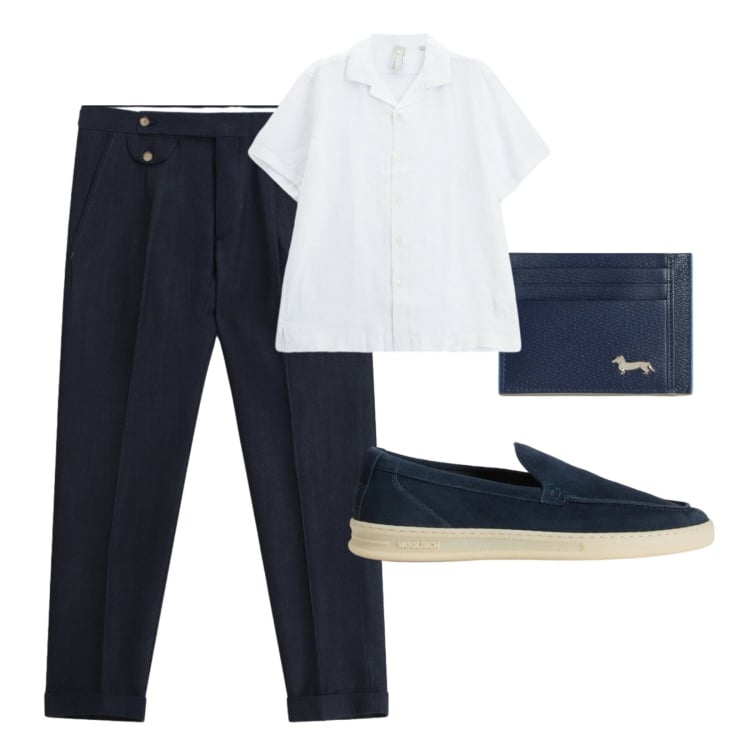 Outfit uomo - Blu notte. Stile Casual per Serata speciale. Abbinamento con portafogli, scarpe stringate, pantaloni, camicie a manica corta.