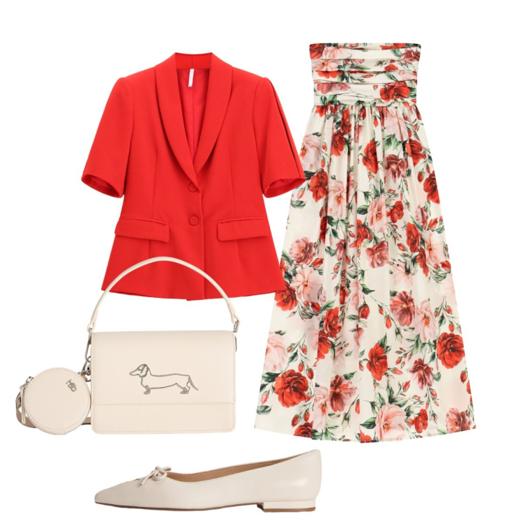 Outfit donna - Cerimonia d’estate. Stile Chic per Cerimonia. Abbinamento con borse a tracolla, blazer, vestiti midi/longuette, ballerine.
