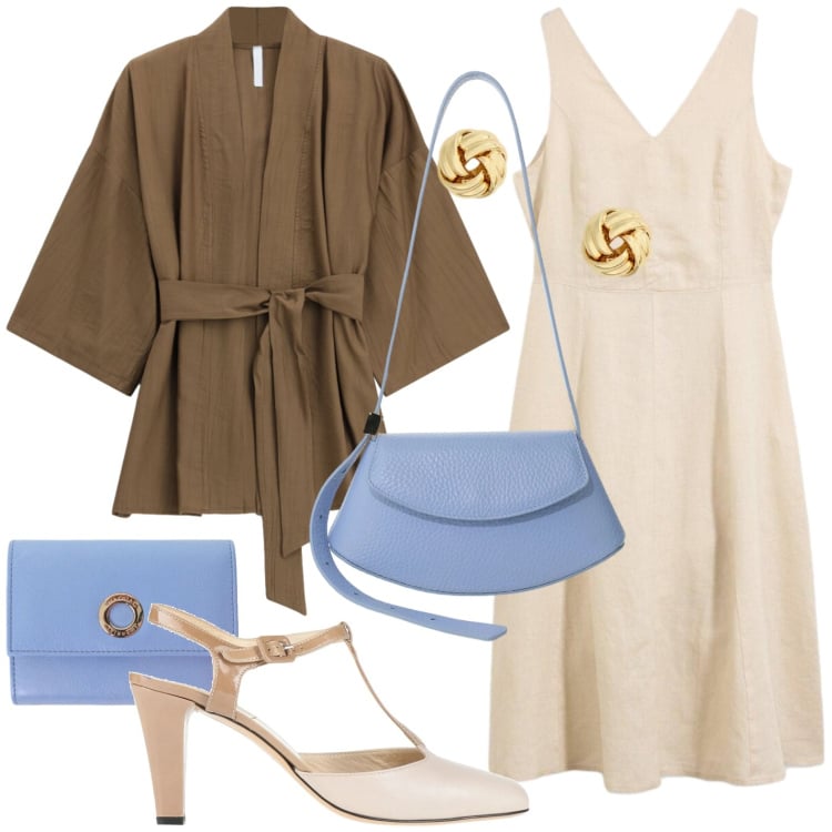 Outfit donna - Eleganza curvy per le sere di giugno. Stile Romantica per Tutti i giorni. Abbinamento con décolleté, vestiti midi/longuette, portafogli, borse a spalla, trench, orecchini.