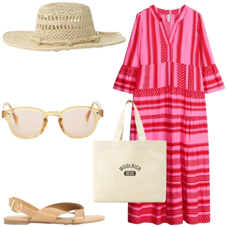 Outfit donna - Total look #2423849. Stile Etnico per Mare. Abbinamento con vestiti lunghi, sandali, occhiali da sole, cappelli, borse tote.