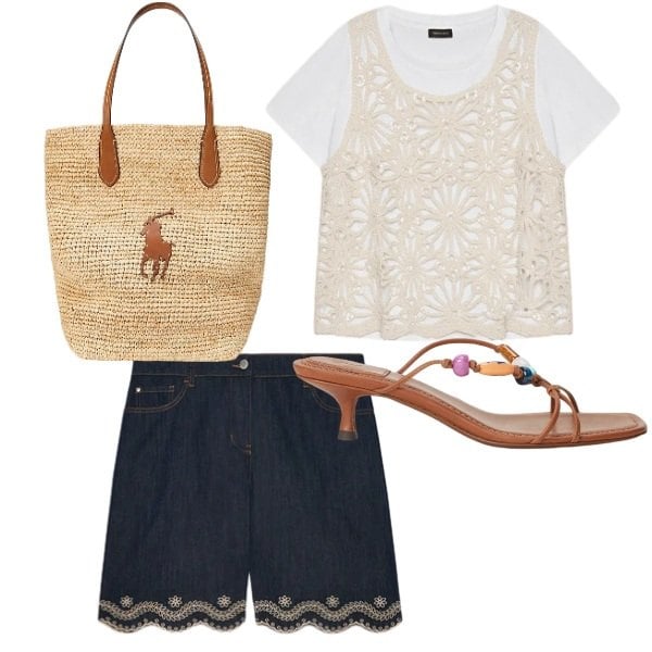 Outfit donna - casual. Stile Casual per Tutti i giorni. Abbinamento con t-shirt, bermuda, borse tote, sandali gioiello.