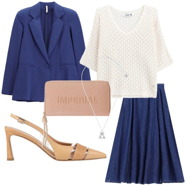 Outfit donna - Completo blu notte. Stile Chic per Serata fuori. Abbinamento con décolleté, blazer, portafogli, gonne lunghe, canottiere, ciondoli.
