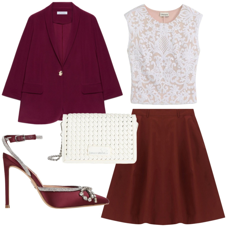 Outfit donna - Cerimonia bordeaux. Stile Chic per Cerimonia. Abbinamento con décolleté, canottiere, borse a tracolla, gonne, blazer.
