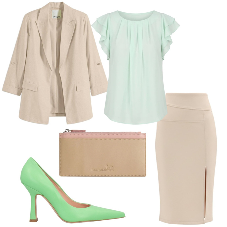 Outfit donna - Completo estivo. Stile Bon Ton per Cerimonia. Abbinamento con décolleté, blazer, portafogli, canottiere, gonne longuette.
