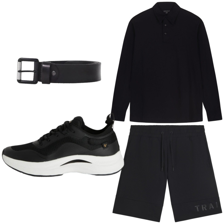 Outfit uomo - Nero minimal. Stile Trendy per Tutti i giorni. Abbinamento con sneakers, bermuda, polo, cinture.