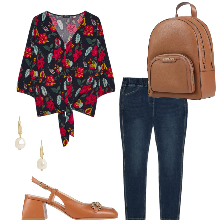 Outfit donna - Due passi in città. Stile Casual chic per Tutti i giorni. Abbinamento con zaini, décolleté, jeggings, bluse, orecchini.