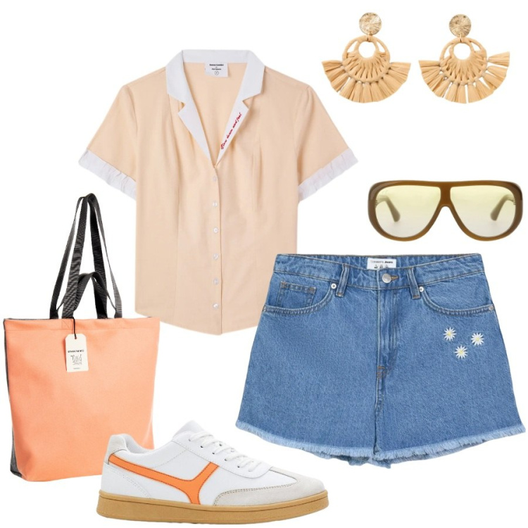 Outfit donna - Total look #2423864. Stile Casual chic per Tutti i giorni. Abbinamento con sneakers, orecchini, shorts, camicie a manica corta, occhiali da sole, borse tote.