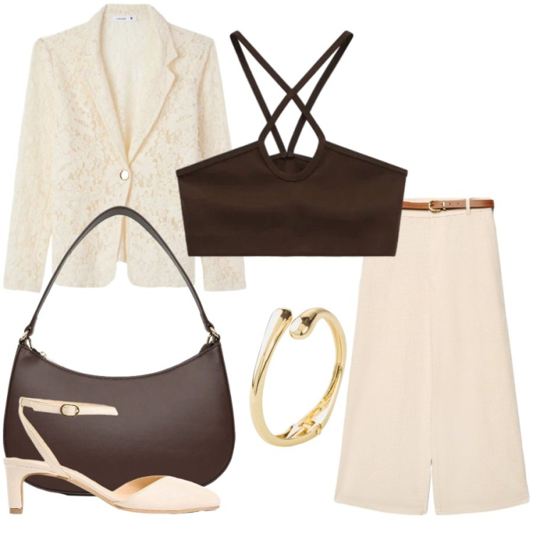 Outfit donna - Total look #2423866. Stile Casual chic per Tutti i giorni. Abbinamento con braccialetti, décolleté, pantaloni a palazzo, blazer, borse a tracolla, top.