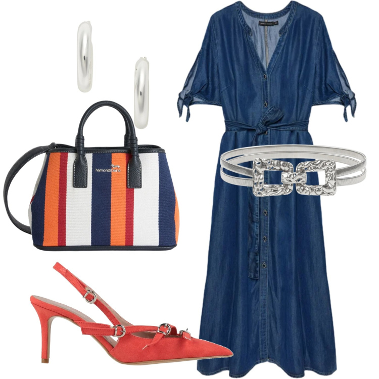 Outfit donna - Due passi insieme ad una amica. Stile Casual chic per Tutti i giorni. Abbinamento con décolleté, shopping bag, cinture, vestiti chemisier, orecchini.