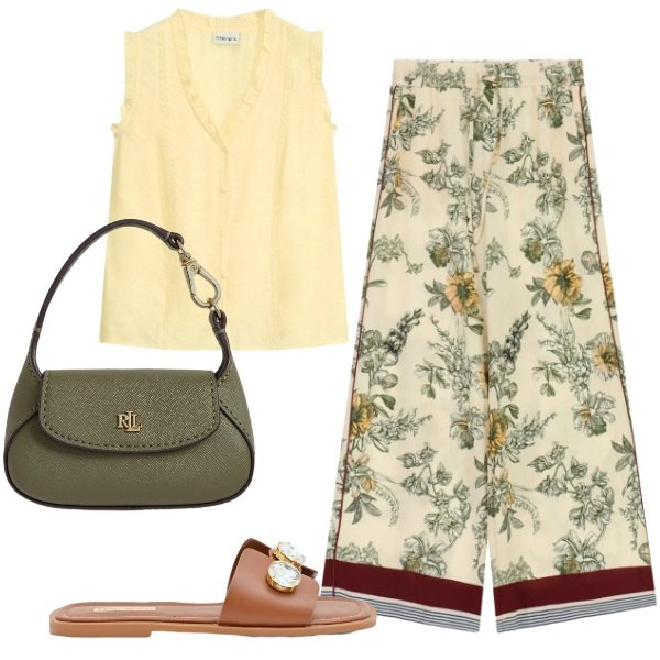 Outfit donna - Stampa tropicale. Stile Casual chic per Tutti i giorni. Abbinamento con canottiere, pantaloni a palazzo, sandali gioiello, borse a mano.