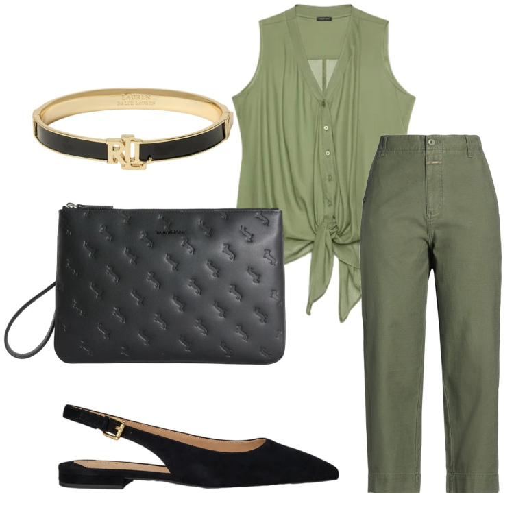 Outfit donna - Serata con lui. Stile Bon Ton per Tutti i giorni. Abbinamento con pantaloni, anelli, top, braccialetti, ballerine.