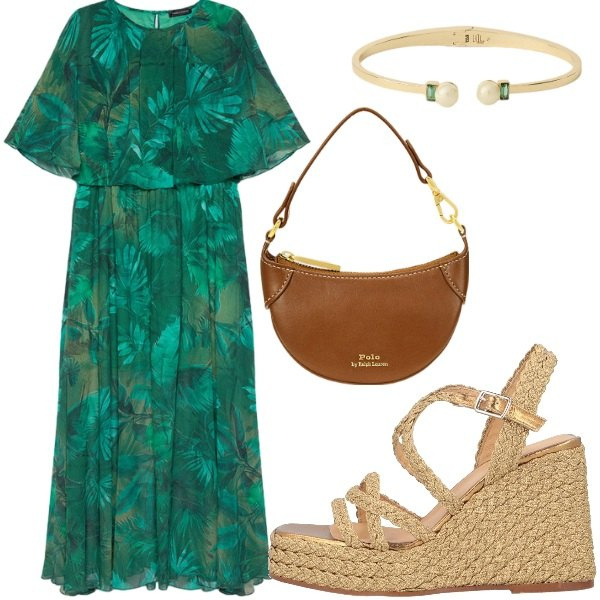 Outfit donna - Vestito con stampa tropicale. Stile Casual chic per Serata fuori. Abbinamento con espadrillas, vestiti lunghi, borse a tracolla, braccialetti.
