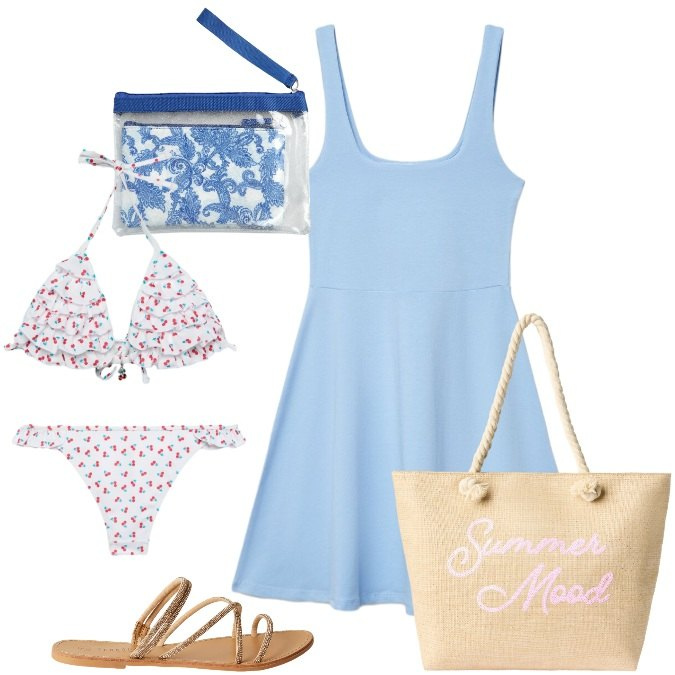 Outfit donna - Total look #2423880. Stile Romantica per Mare. Abbinamento con sandali, borse tote, pochette, bikini, bikini, vestiti corti.