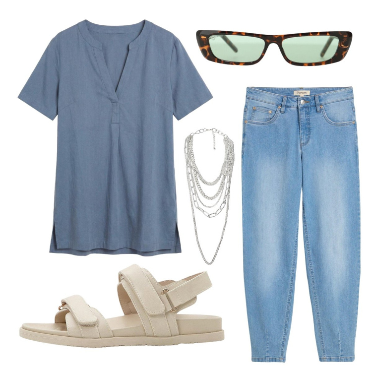 Outfit donna - Giugno. Stile Urban per Tutti i giorni. Abbinamento con jeans, tuniche, sandali, occhiali da sole, collane.