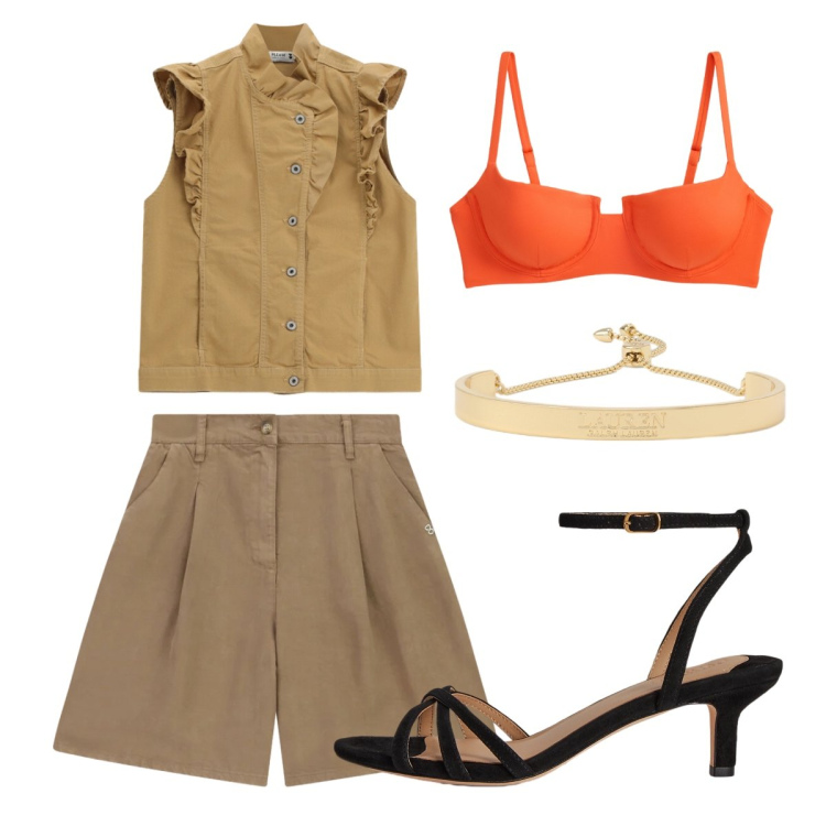 Outfit donna - Giugno. Stile Glamour per Serata fuori. Abbinamento con gilet, bermuda, sandali col tacco, bikini, braccialetti.