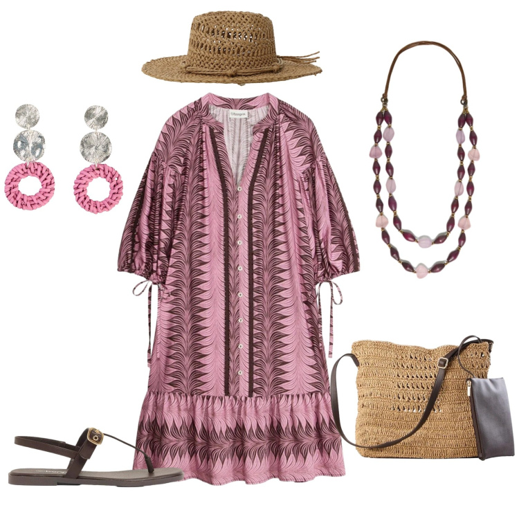 Outfit donna - Boho chic. Stile Boho per Tutti i giorni. Abbinamento con vestiti corti, sandali, orecchini, borse a tracolla, cappelli, collane.