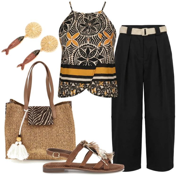 Outfit donna - Fantasie etniche. Stile Etnico per Ufficio. Abbinamento con orecchini, pantaloni, canottiere, sandali, borse a spalla.