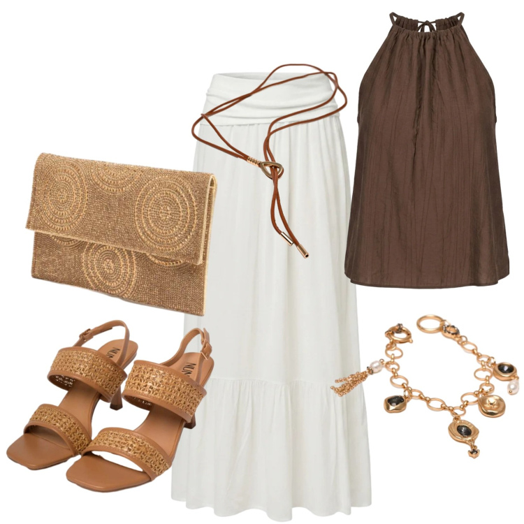 Outfit donna - Fresco di sera. Stile Boho per Serata fuori. Abbinamento con sandali in pelle, clutch, braccialetti, canottiere, gonne lunghe, cinture.