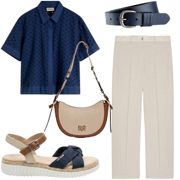 Outfit donna - Mannish. Stile Mannish per Ufficio. Abbinamento con cinture, camicie, sandali, borse a tracolla, pantaloni.